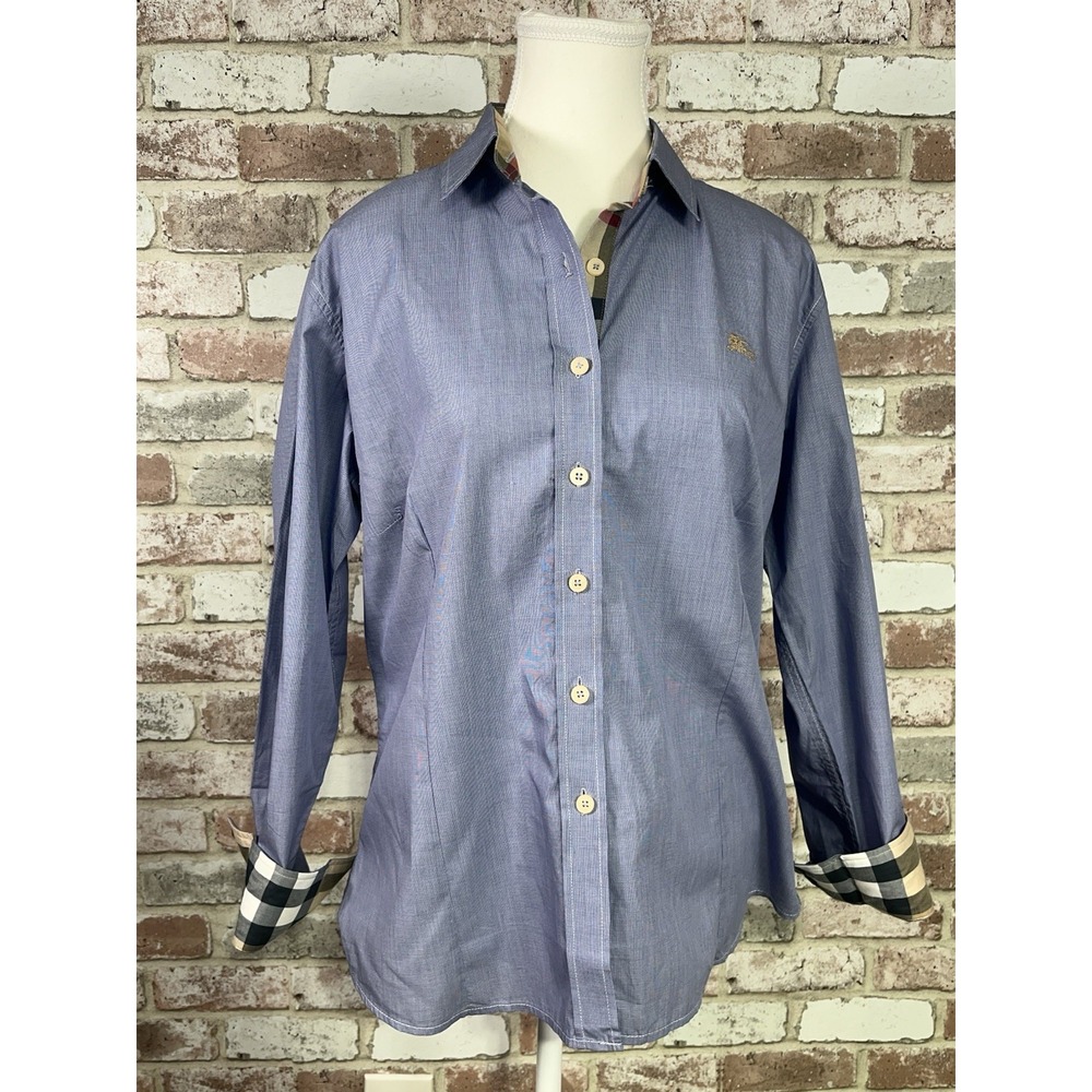 Burberry Blue Button Down Shirt with Check Accents